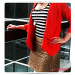 Stripe top with red jacket and gold, sparkly skirt